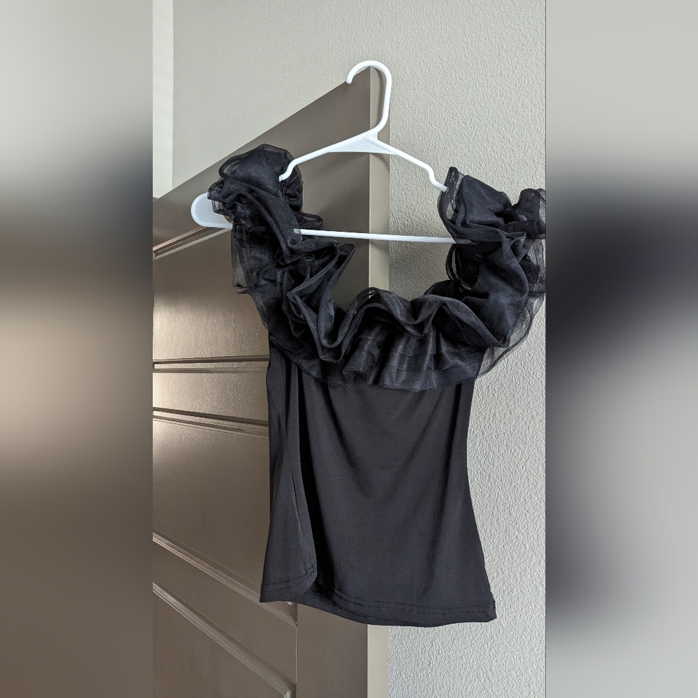 Romwe Women's Summer Short Sleeve Off Shoulder Mesh Ruffle Blouse Top Size M